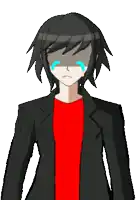 a pixel art drawing of a boy with black hair and a red shirt crying
