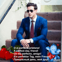 a man in a suit and tie sits on a set of steps