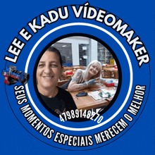 a logo for lee e kadu videomaker shows a man and a woman sitting at a table