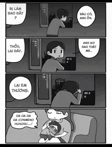 a black and white cartoon shows a man holding a baby while talking to a woman
