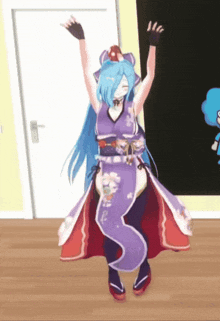 a girl with blue hair is dancing in front of a blackboard