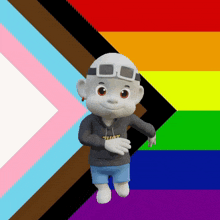 a cartoon character wearing a hoodie that says trust is standing in front of a rainbow flag