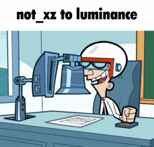 a cartoon of a man sitting at a desk with a lamp and the words not xz to luminance above him