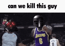 a basketball player wearing a lakers jersey is standing on a court