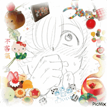 a drawing of a girl surrounded by candy and a picmix button