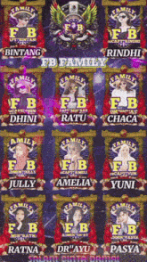 a collage of family emblems including amelia and yuni