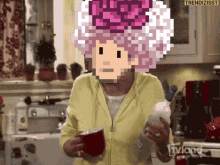 a pixel art of an elderly woman holding a cup of coffee and a bottle of alcohol
