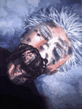 a drawing of a man with white hair and a mask around his mouth