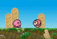 a video game screen shows two pink cartoon characters