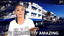 a woman in a white shirt says it 's like pretty amazing