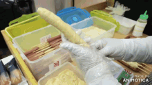 a person wearing gloves is holding a long piece of dough in front of containers that say made in animonica