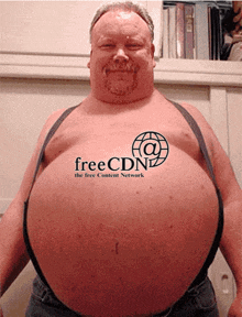 a man with a large belly is wearing a shirt that says freecdn the free content network