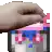 a hand is holding a pink and blue item in a pixel art style .