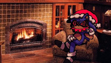 a cartoon of sonic the hedgehog wearing a santa hat is standing in front of a fireplace