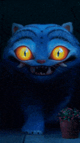 a close up of a blue cartoon cat with yellow eyes and teeth