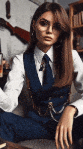 a woman wearing glasses and a vest and tie is sitting on a chair