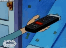 a cartoon character is holding a remote control in front of a door that says nicktoons on it