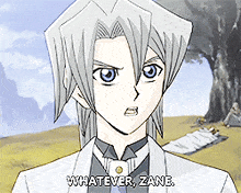 a cartoon character says " whatever zane " in front of a tree