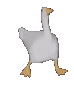a pixel art drawing of a goose walking on its hind legs .