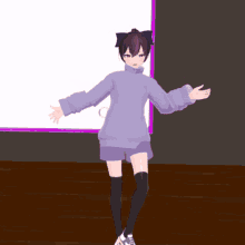a 3d model of a girl wearing a purple sweater and shorts