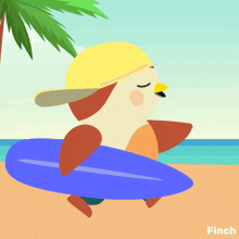an illustration of a bird carrying a surfboard on the beach with finch written on the bottom