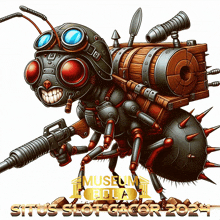 a cartoon illustration of an ant with a gun and the words museum bola situs slot gacor 2021 on the bottom