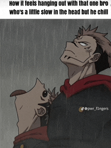 a cartoon of two men in the rain with the caption how it feels hanging out