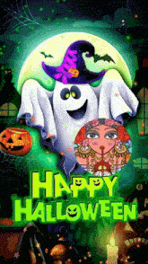 a happy halloween poster with a ghost wearing a witch 's hat