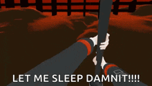 a 3d anime character with yellow hair is standing in front of a fence and says let me sleep damnit !!!