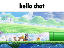a video game scene with the words hello chat on the top