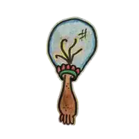 a cartoon drawing of a hand holding a light bulb with a # on it