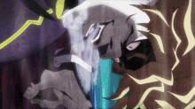 a close up of a cartoon character 's face with a purple background