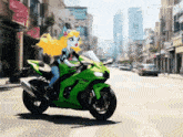 a picture of a girl riding a green motorcycle with pixverse.ai written on the bottom