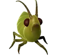 a green worm with a red eye and long horns on a white background