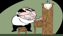 a cartoon of a man playing a piano with a picture on top of it