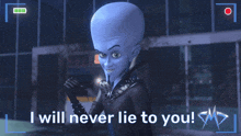 a cartoon character with the words i will never lie to you below him