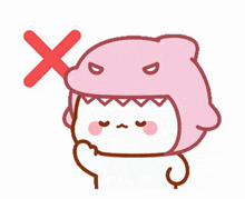 a cartoon character wearing a pink shark hat has a red x on his head