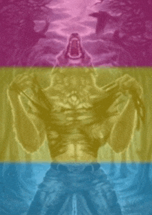a painting of a werewolf with a pink yellow and blue flag in the background