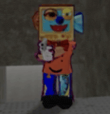 a cartoon character with a box on his head is holding a toy .