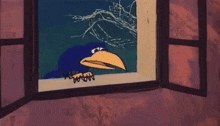 a blue bird with a yellow beak is looking out of an open window .