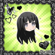 a picture of a girl with black hair and purple eyes surrounded by hearts and butterflies