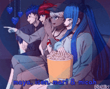 maya isen mari and micah are watching a movie with popcorn