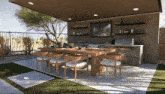 a patio with a table and chairs and a television