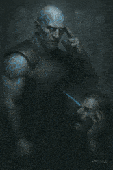 a statue of a man with a tattoo on his head is standing in a dark room