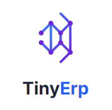a logo for tinyerp with a purple arrow and dots