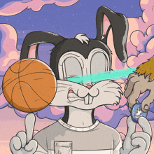 a cartoon of a bunny holding a basketball and a coin that says ' bunny ' on it