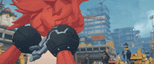 a cartoon character with red hair and black gloves stands in front of a building that says ' xerox ' on it