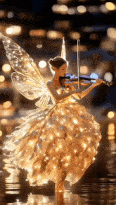 a woman dressed as a fairy is playing the violin