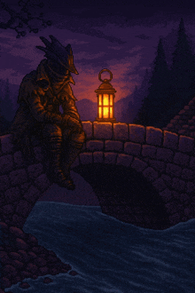 pixel art of a man sitting on a bridge with a lantern
