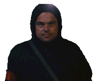 a man wearing a black hooded jacket with a strap around his neck